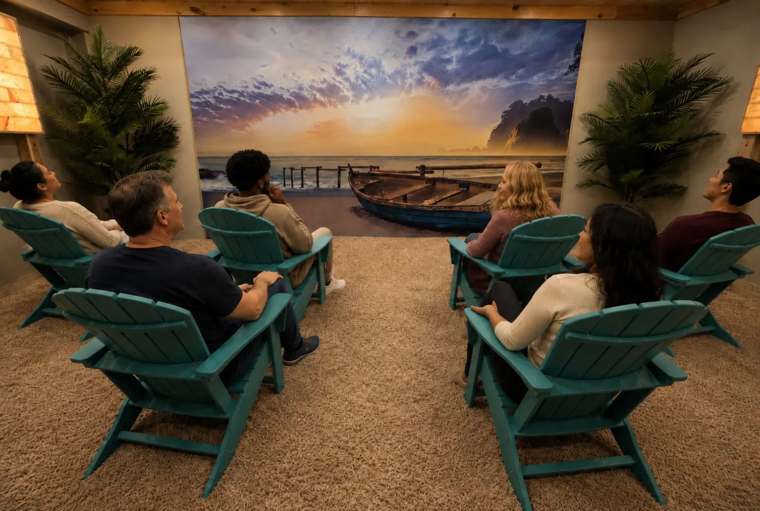 Group of adults seated in the Salt Cabin halotherapy room facing the beach mural at The Salt Cabin Wellness Spa in Stratford.