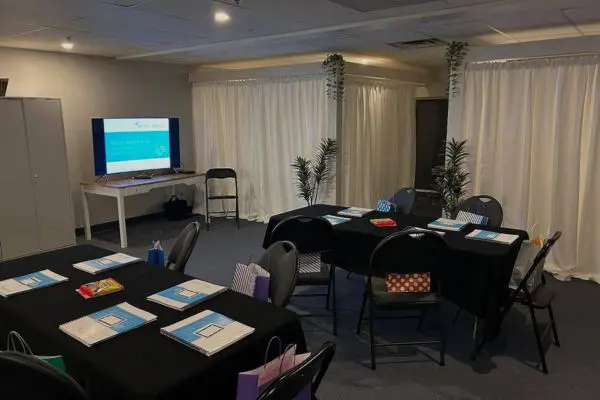 Meeting and wellness class setup in The Loft at The Salt Cabin Wellness Spa in Stratford.