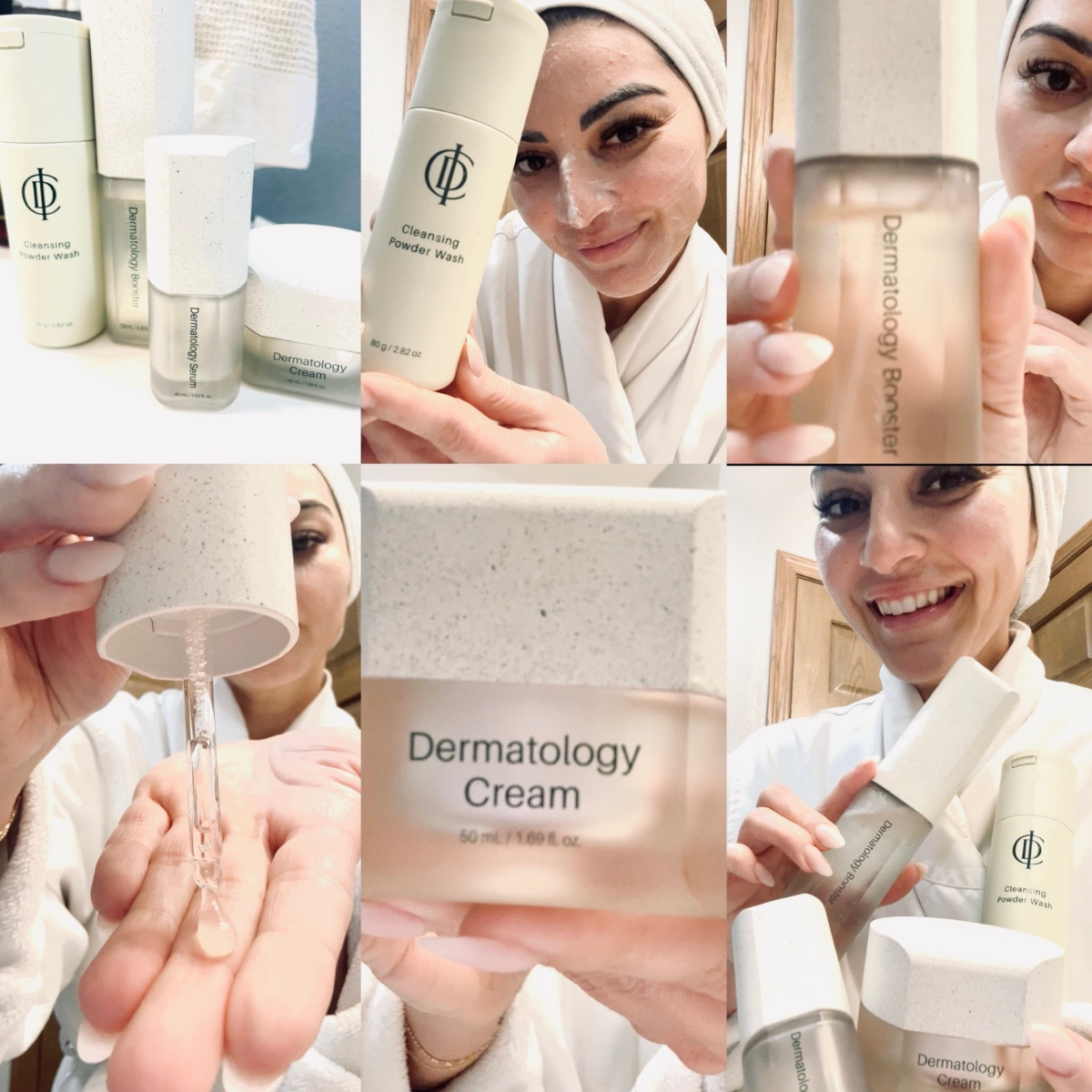 Danni’s RIMAN skincare testimonial collage showing the products she uses in her routine.